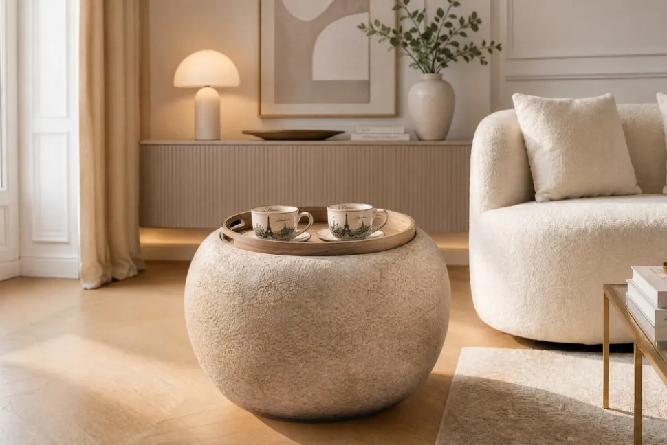 Runder Couchtisch ORBIT 50cm champagner-greige Bouclé Hocker mit Tablett und Stauraum