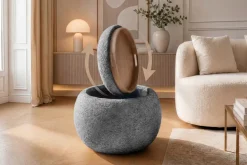 Runder Couchtisch ORBIT 50cm grau Bouclé Hocker mit Tablett und Stauraum