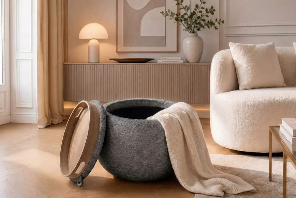 Runder Couchtisch ORBIT 50cm grau Bouclé Hocker mit Tablett und Stauraum