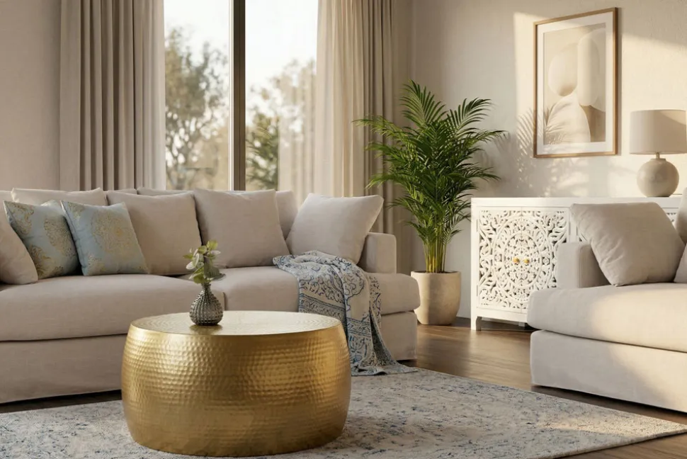Runder Couchtisch ORIENT III 60cm gold Metall Hammerschlag Design handmade