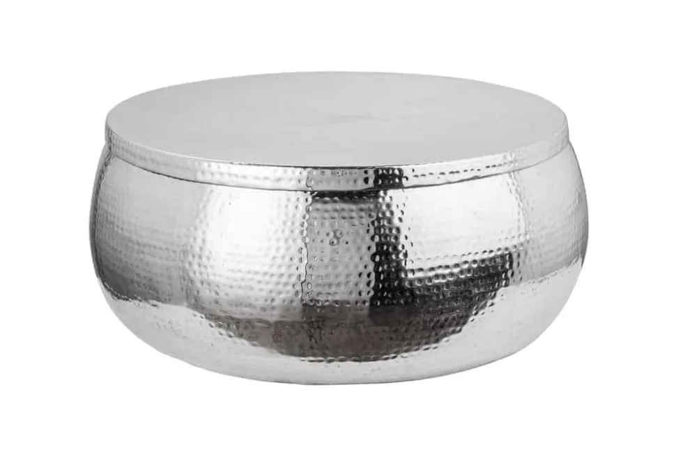 Runder Couchtisch ORIENT STORAGE 70cm silber Metall mit Stauraum Hammerschlag Design handmade