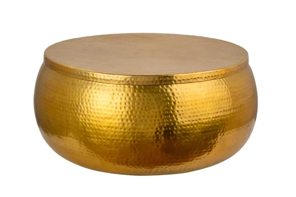Runder Couchtisch ORIENT STORAGE 70cm gold Metall mit Stauraum Hammerschlag Design handmade