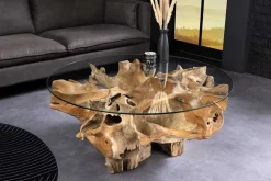 Runder Couchtisch ROOT 100cm natur Teak Massivholz aus Wurzelholz mit Glasplatte