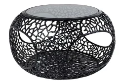 Runder Couchtisch SPIN 75cm schwarz Schwarzglas Metall mit Stauraum handmade