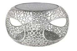 Runder Couchtisch SPIN 75cm silber Schwarzglas Metall mit Stauraum handmade