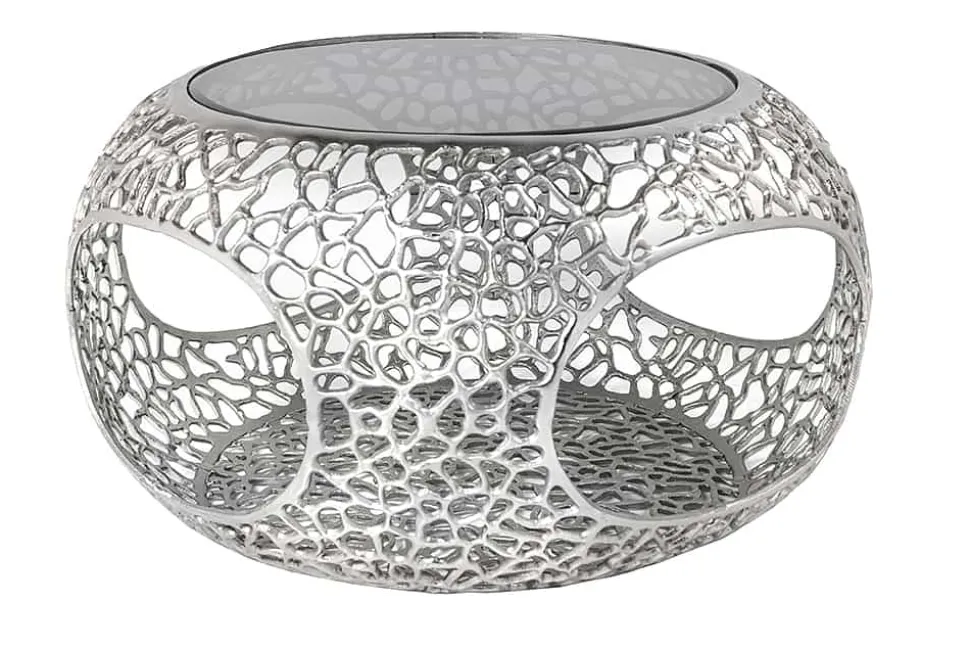 Runder Couchtisch SPIN 75cm silber Schwarzglas Metall mit Stauraum handmade
