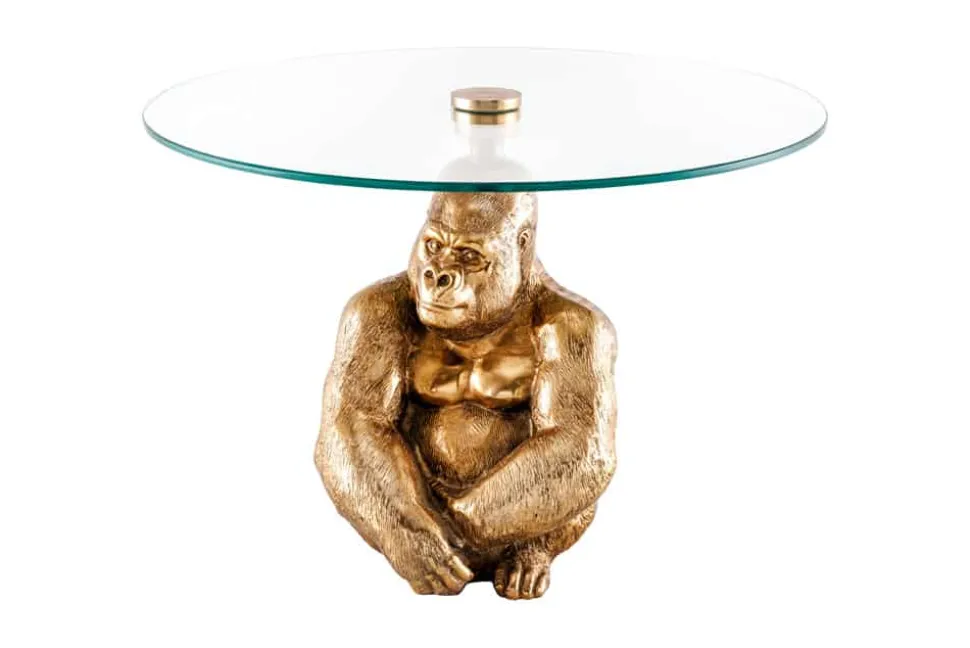 Runder Couchtisch WILDLIFE KONG 60cm gold Metall Glas Affenfigur Gorilla Skulptur handmade