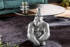 Runder Couchtisch WILDLIFE KONG 60cm silber Metall Glas Affenfigur Gorilla Skulptur handmade
