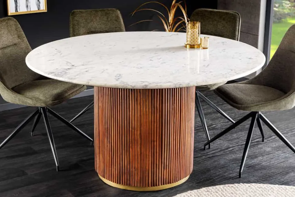 Runder Esstisch GATSBY 140cm braun gold Mangoholz weiße Marmorplatte Säulenfuß