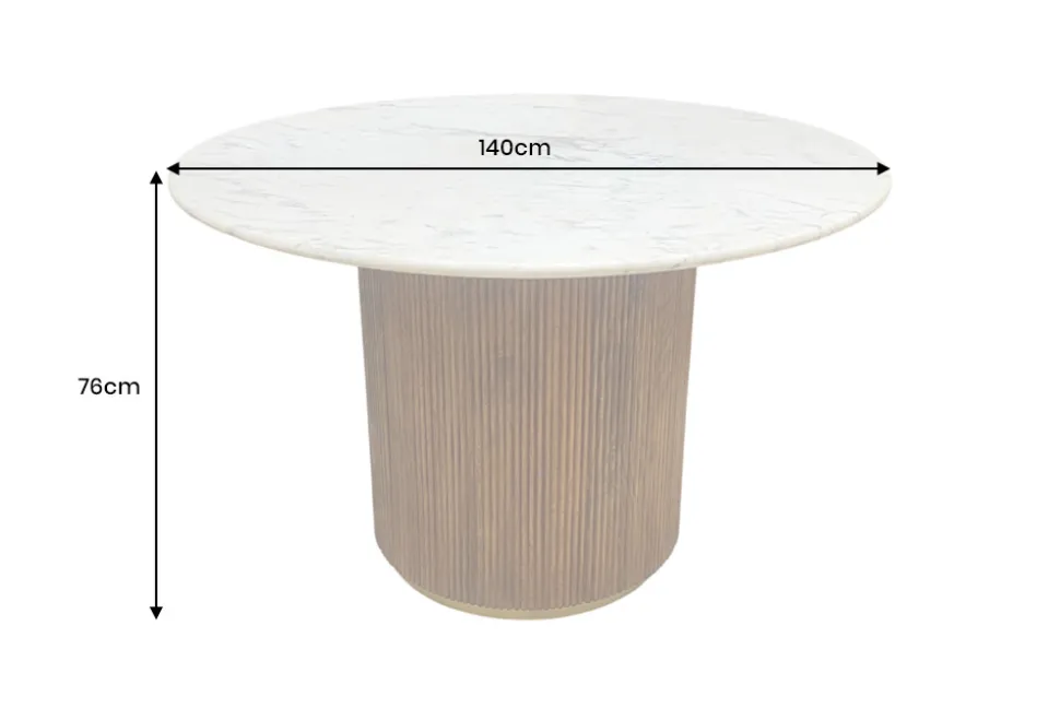 Runder Esstisch GATSBY 140cm braun gold Mangoholz weiße Marmorplatte Säulenfuß