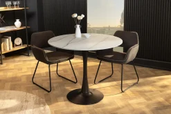 Runder Esstisch LYON 80cm weiß Marmor Keramik Bistrotisch schwarzer Säulenfuß