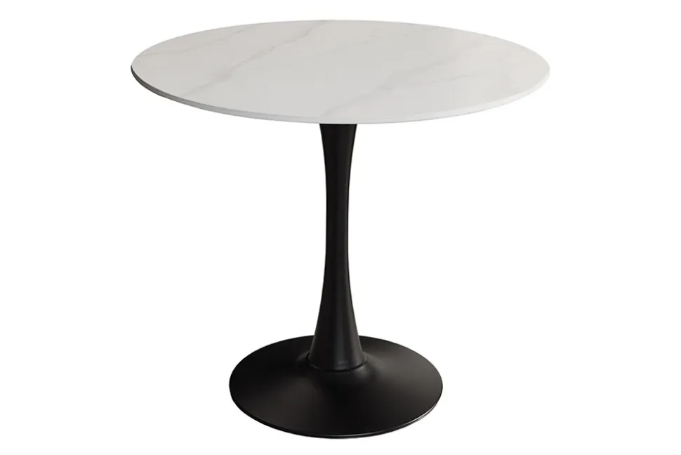 Runder Esstisch LYON 80cm weiß Marmor Keramik Bistrotisch schwarzer Säulenfuß