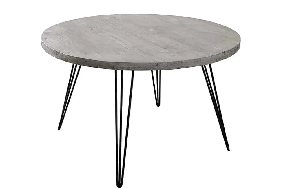 Runder Esstisch SCORPION 80cm grau Mangoholz massiv schwarze Metallbeine Hairpin Legs