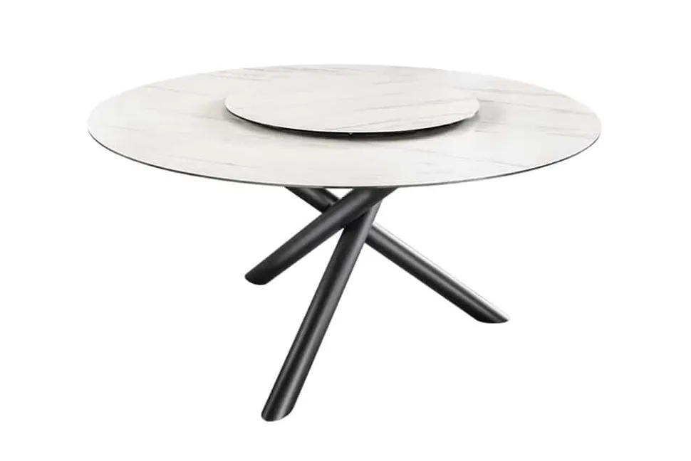 Runder Esstisch SPIN 150cm weiß mit 360° drehbarer Servierplatte Marmor Keramik schwarz