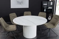 Runder Esstisch UNIQUE 120cm weiß Keramik mit Säulenfuß