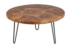 Runder Massivholz Couchtisch MOSAIK 70cm natur Teak Hairpin Legs schwarz Metall handmade