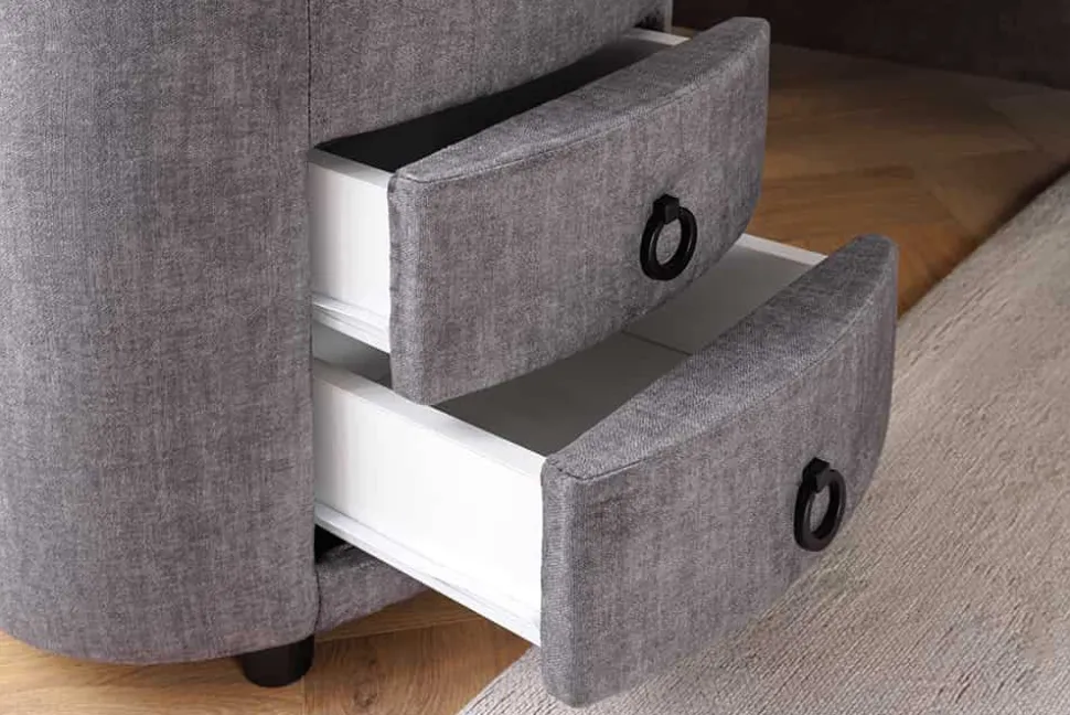 Runder Nachttisch SIGNUM 55cm grau Vogue Seiden Samtstoff inkl. Beleuchtung Schubladen