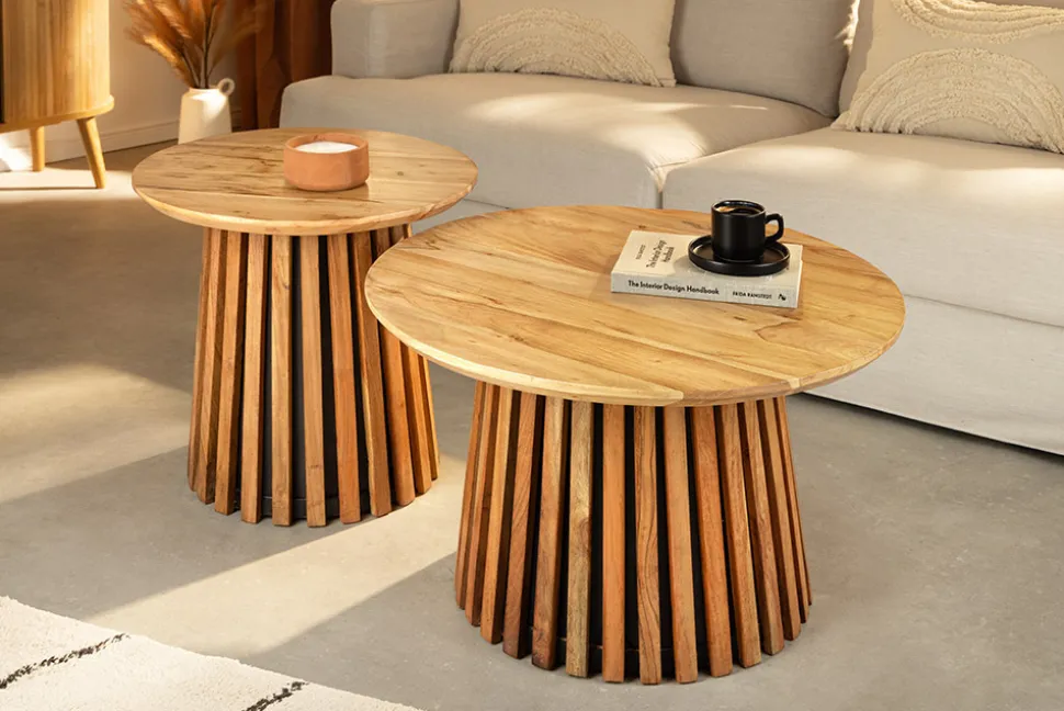 Rundes 2er Set Couchtische VALHALLA WOOD 70cm natur braun Akazie Massivholz