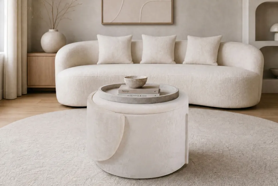 Sessel LUNA 65cm beige Bouclé Polsterhocker mit klappbarer Rückenlehne und Stauraum