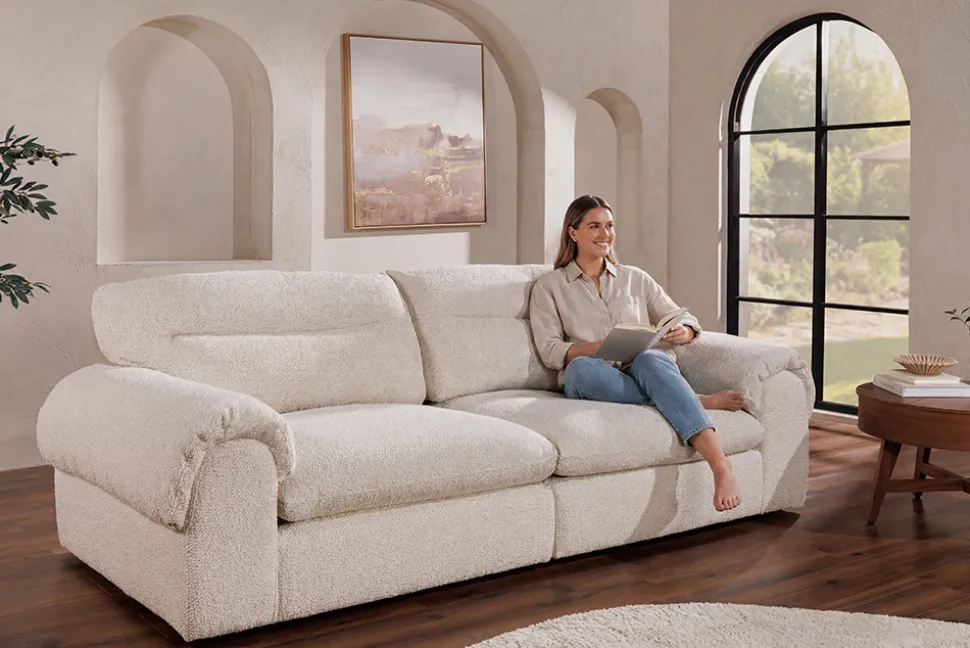 4-Sitzer Sofa SIXTH SENSE 245cm beige Bouclé-Strickstoff mit Nosagfederung und Daunenfedern