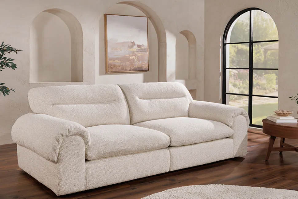 4-Sitzer Sofa SIXTH SENSE 245cm beige Bouclé-Strickstoff mit Nosagfederung und Daunenfedern