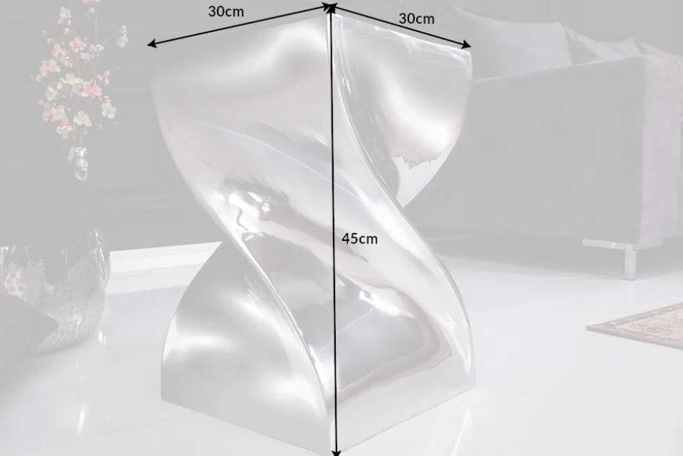 Skulpturaler Beistelltisch TWIST 45cm silber Aluminium poliert Sitzhocker Modern Design