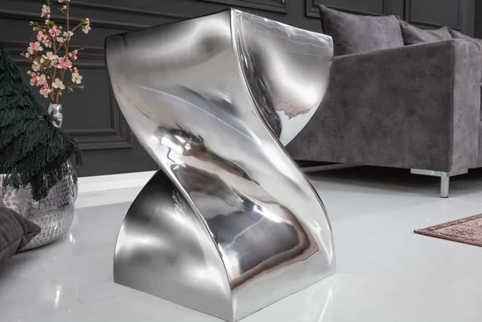 Skulpturaler Beistelltisch TWIST 45cm silber Aluminium poliert Sitzhocker Modern Design