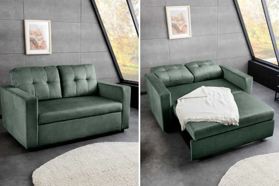 Sofa mit Schlaffunktion SMART moosgrün hochwertiger Vogue Seiden Samtstoff