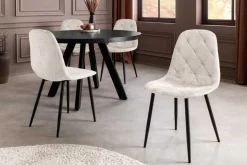 Stilvoller Stuhl GLAMM champagner beige Chenille Cremona mit Rauten-Steppung schwarz Metall