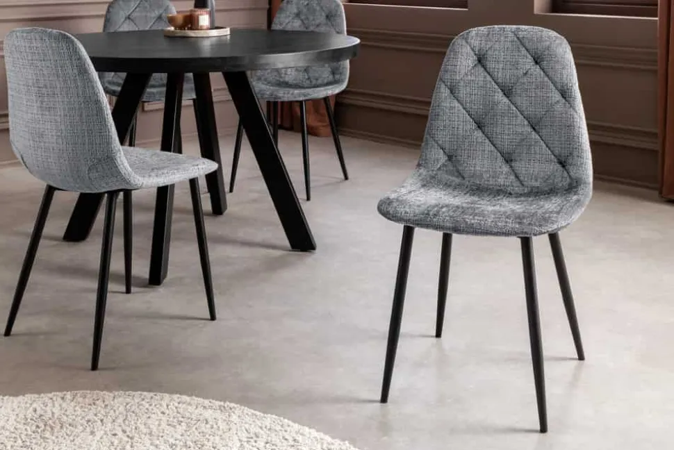 Stilvoller Stuhl GLAMM grau Chenille Cremona mit Rauten-Steppung schwarze Metallbeine