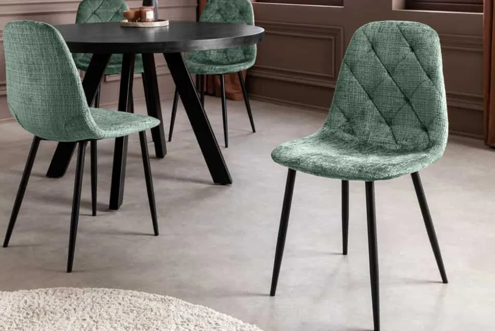 Stilvoller Stuhl GLAMM grün Chenille Cremona mit Rauten-Steppung schwarze Metallbeine