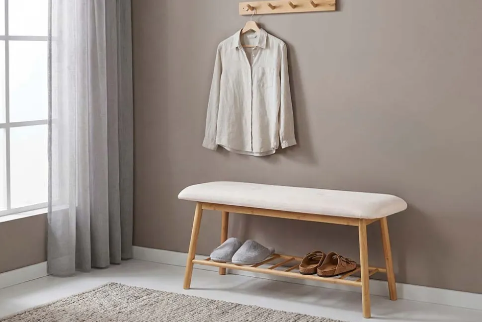 Stilvolle Schuhbank ZEN-BO 90cm natur beige Bambus Regal Sitzbank mit Stauraum