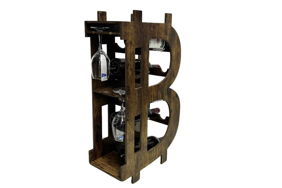 Stilvolles Weinregal BITCOIN 70cm natur Holzregal für 10 Flaschen und 4 Gläser