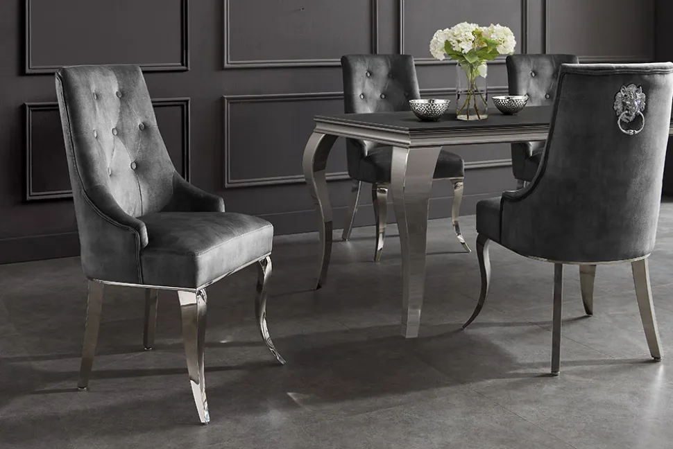 Stuhl MODERN BAROCK DELUXE grau Samt silber Edelstahlbeine mit Löwenkopf