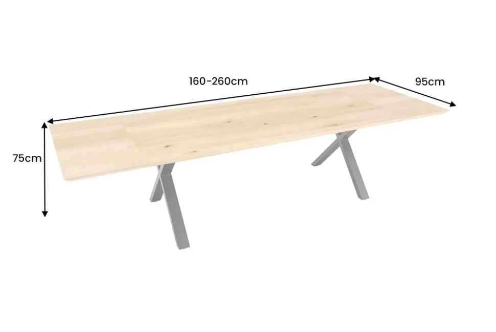 Verlängerbarer Esstisch WILD OAK 160-260cm natur Wildeiche Schweizer Kante X-Gestell