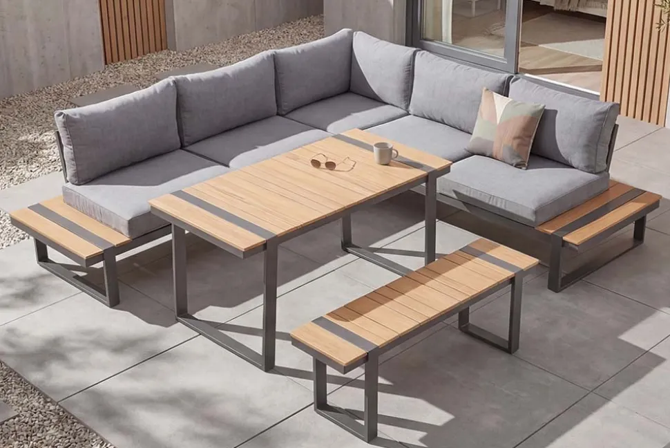 Wetterfestes Gartenmöbel Set TAMPA LOUNGE 250cm grau Aluminium inkl. Sitzbank Tisch Kissen