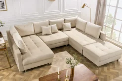 XXL Wohnlandschaft KENT 305cm champagner beige Vogue Velours Samt Federkern mit Hocker